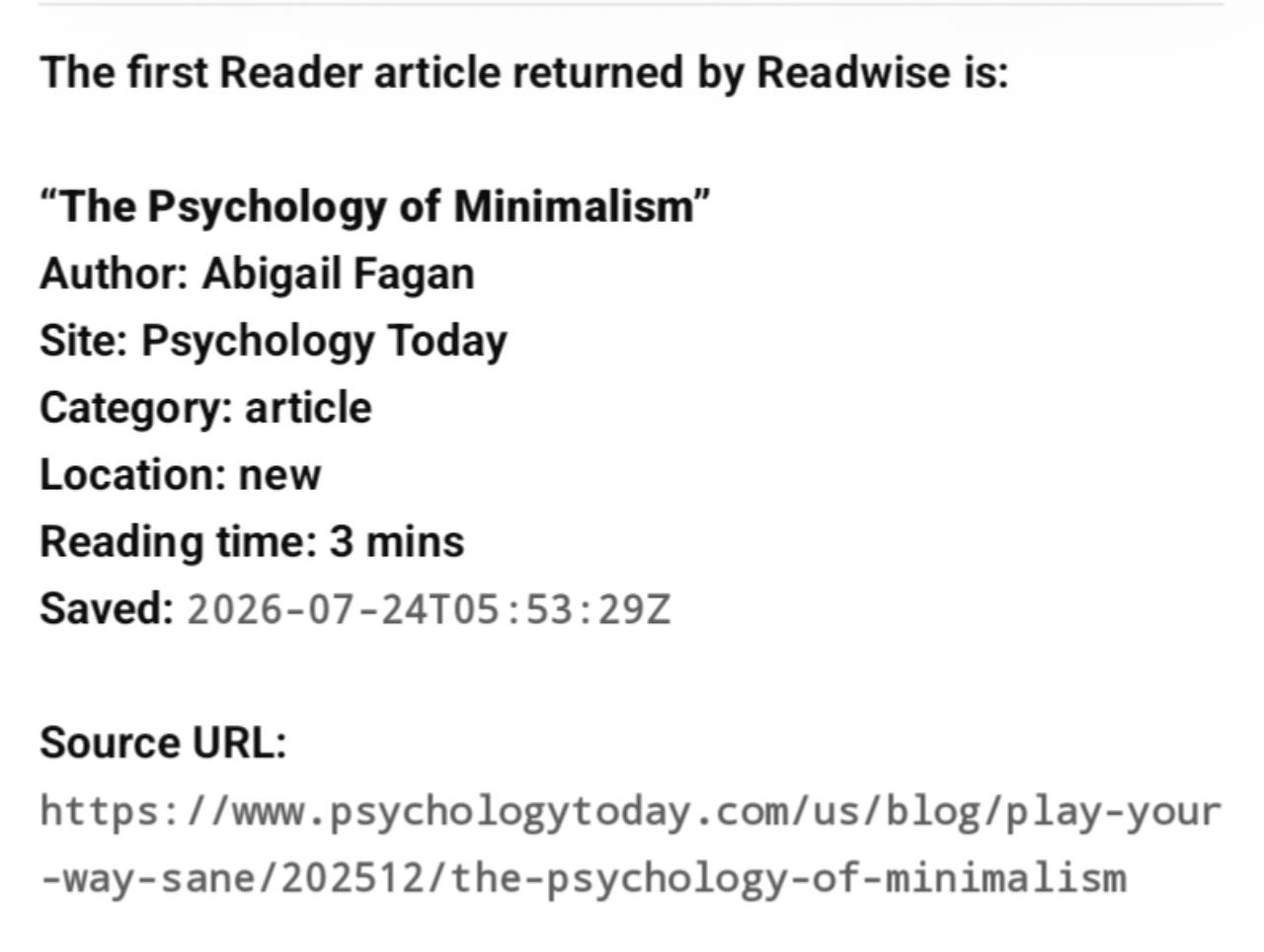 The first Reader article returned by Readwise