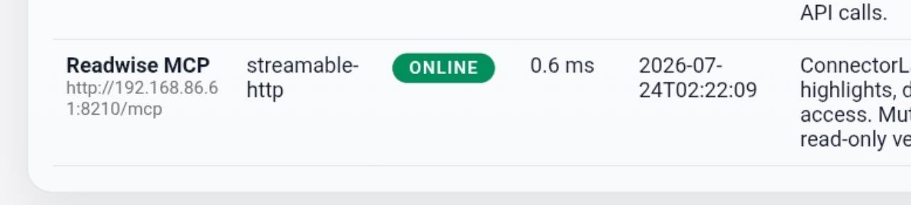 Readwise MCP online in the NoodleLab connector console