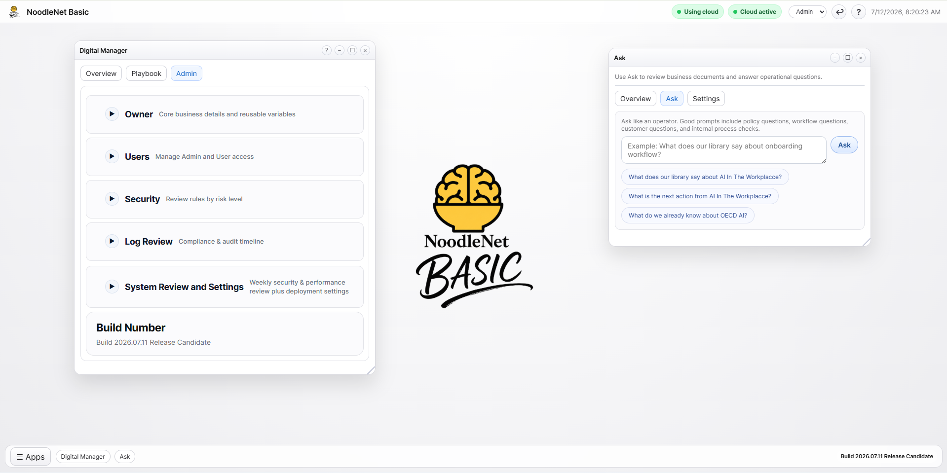 NoodleNet BASIC dashboard with Digital Manager, Ask, and Admin tools