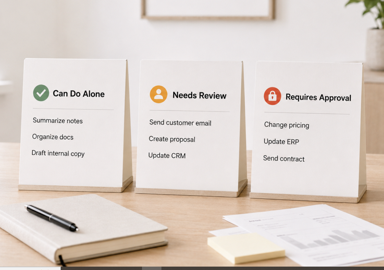 Three office cards showing AI tasks that can be done alone, need review, or require approval