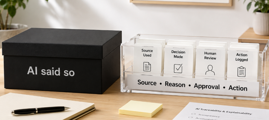 AI said so box beside a transparent workflow showing source, reason, approval, and action.