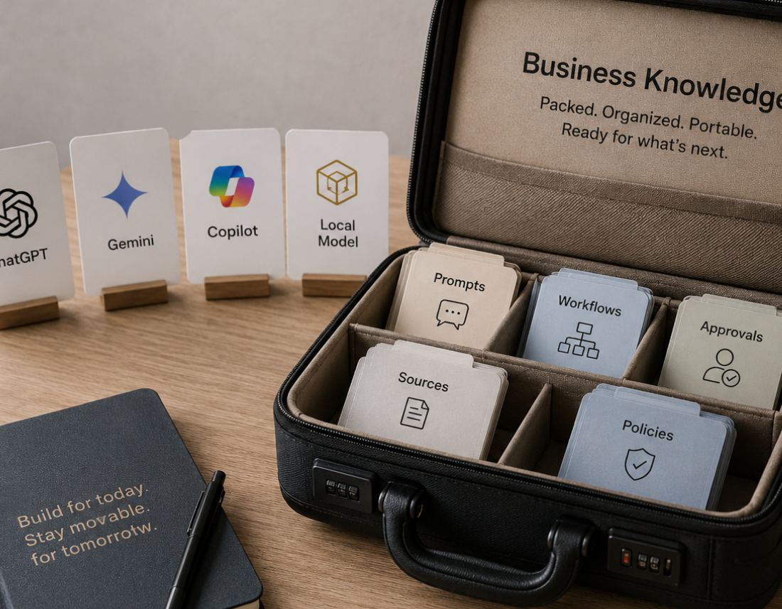 Business knowledge packed into a portable case with prompts, workflows, sources, policies, and approvals ready to move across AI tools