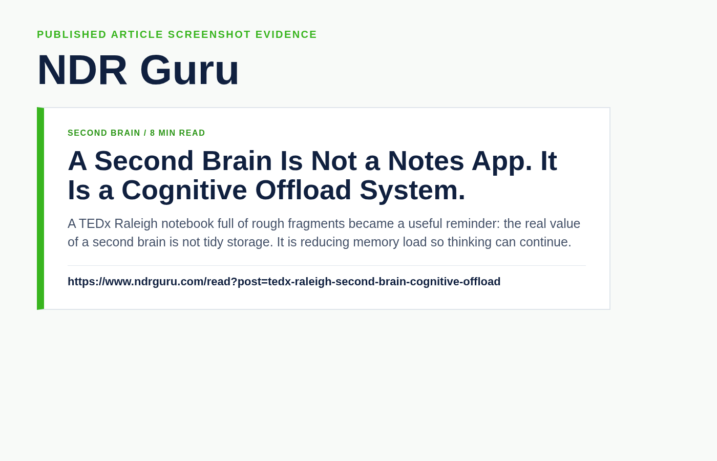 Screenshot evidence for the NDR Guru cognitive offload article