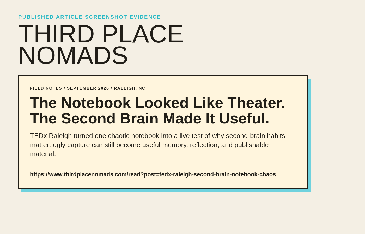 Screenshot evidence for the Third Place Nomads TEDx Raleigh second-brain article